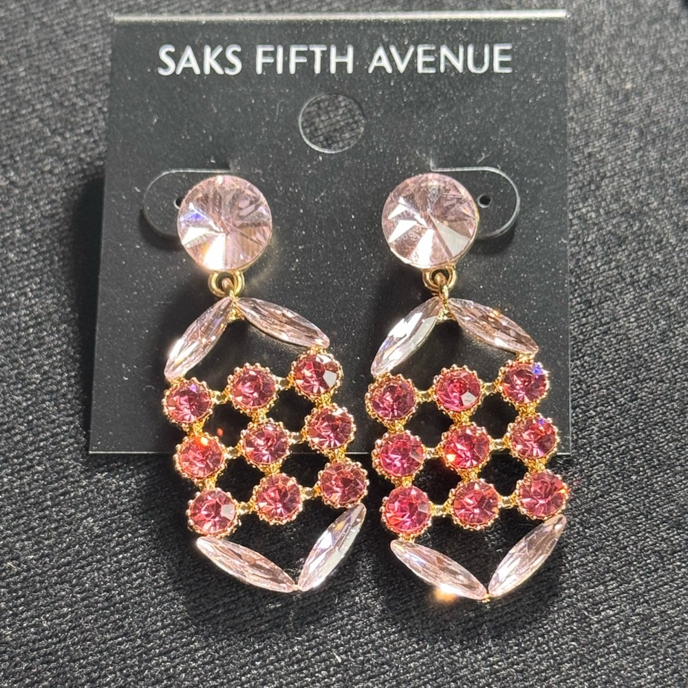 Glamorous Saks Fifth Avenue Pink Crystal Post With Dangle Waffle Design 2 in